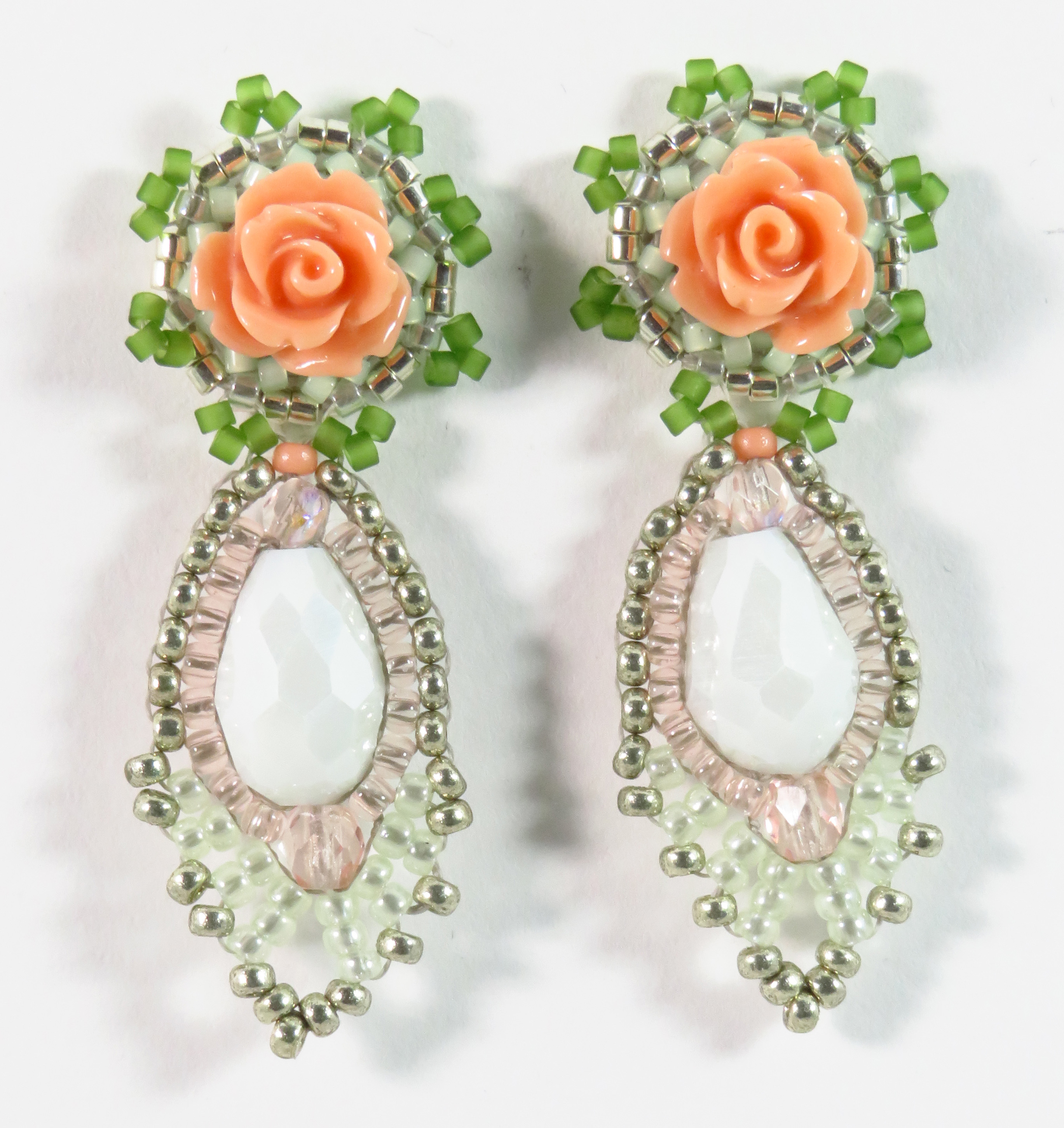 Beaded pastel rose earrings by Bonnie Van Hall