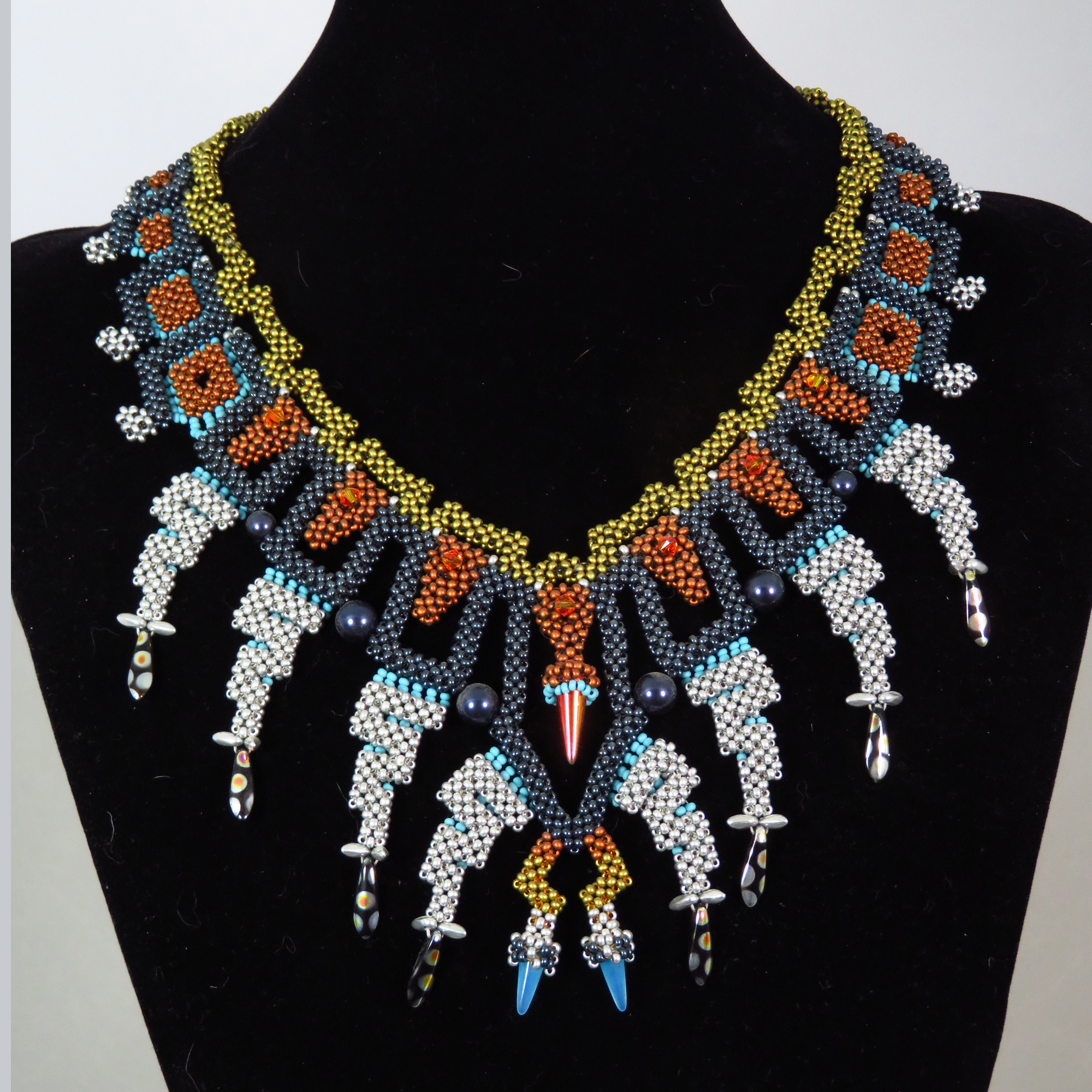 Beaded Art Deco Mayan Fireworks Necklace by Bonnie Van Hall