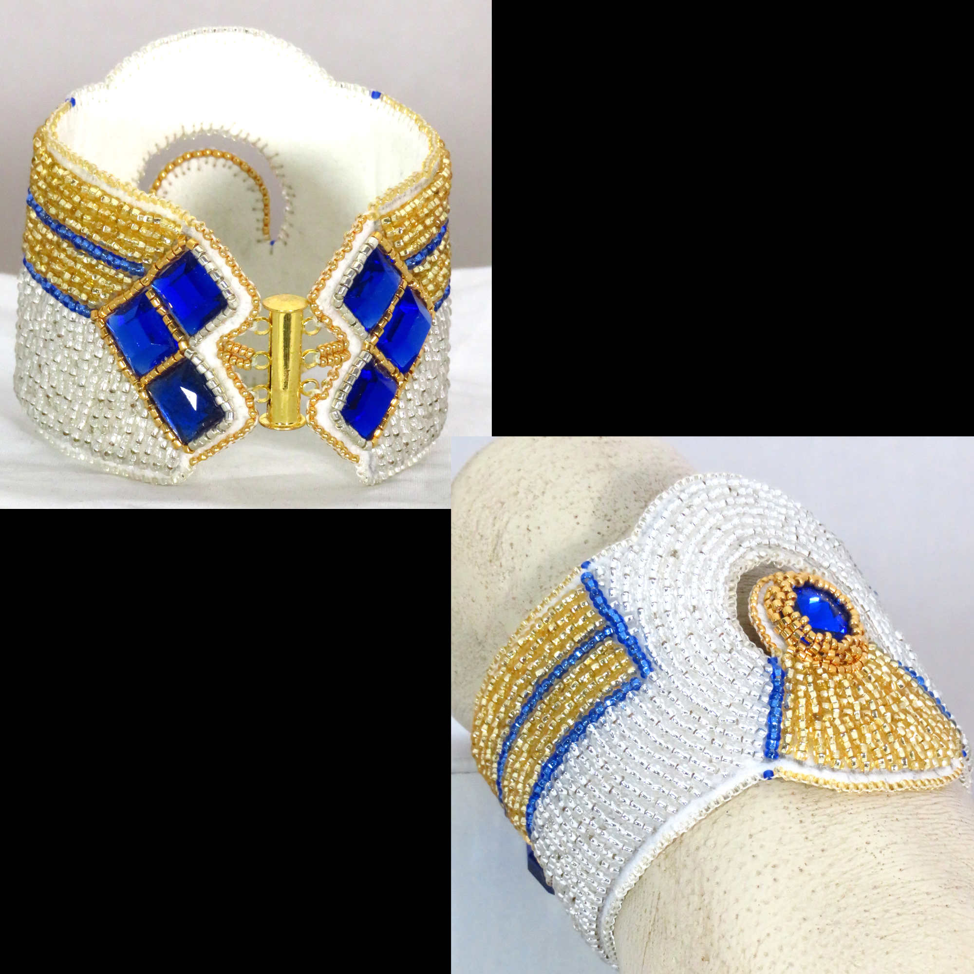 Art Deco bead embroidered bracelet in gold, siver, and sapphire blue by Bonnie Van Hall