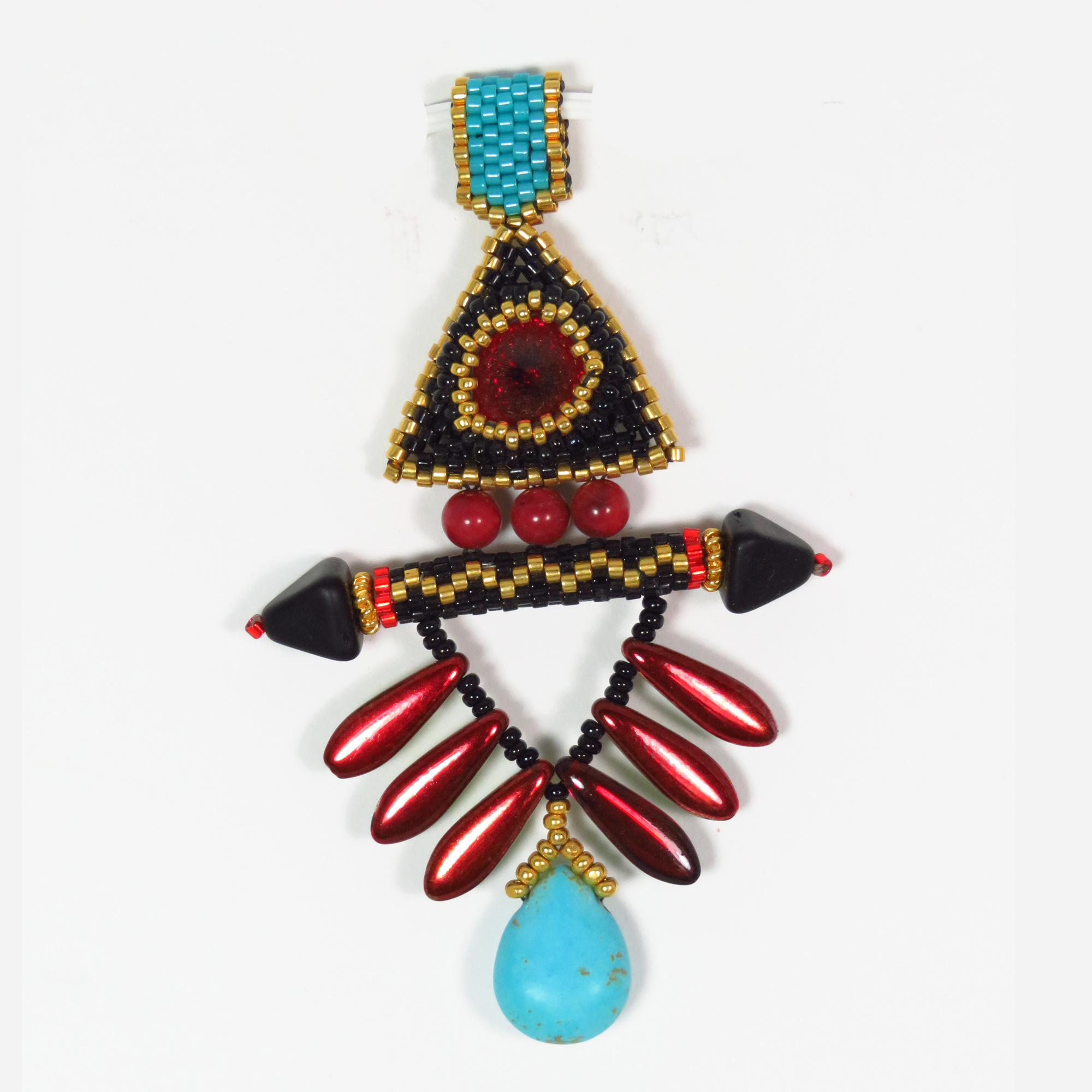 Art Deco Southwestern beaded feathered triangle pendant by Bonnie Van Hall