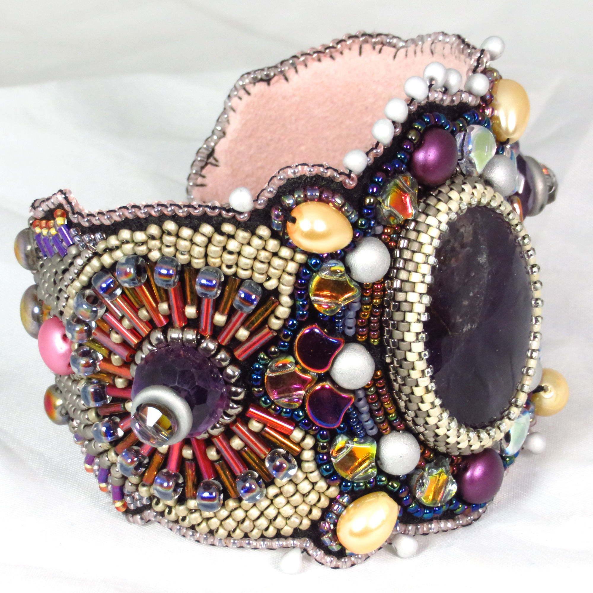 Amethyst bead embroidered baroque cuff bracelet by Bonnie Van Hall