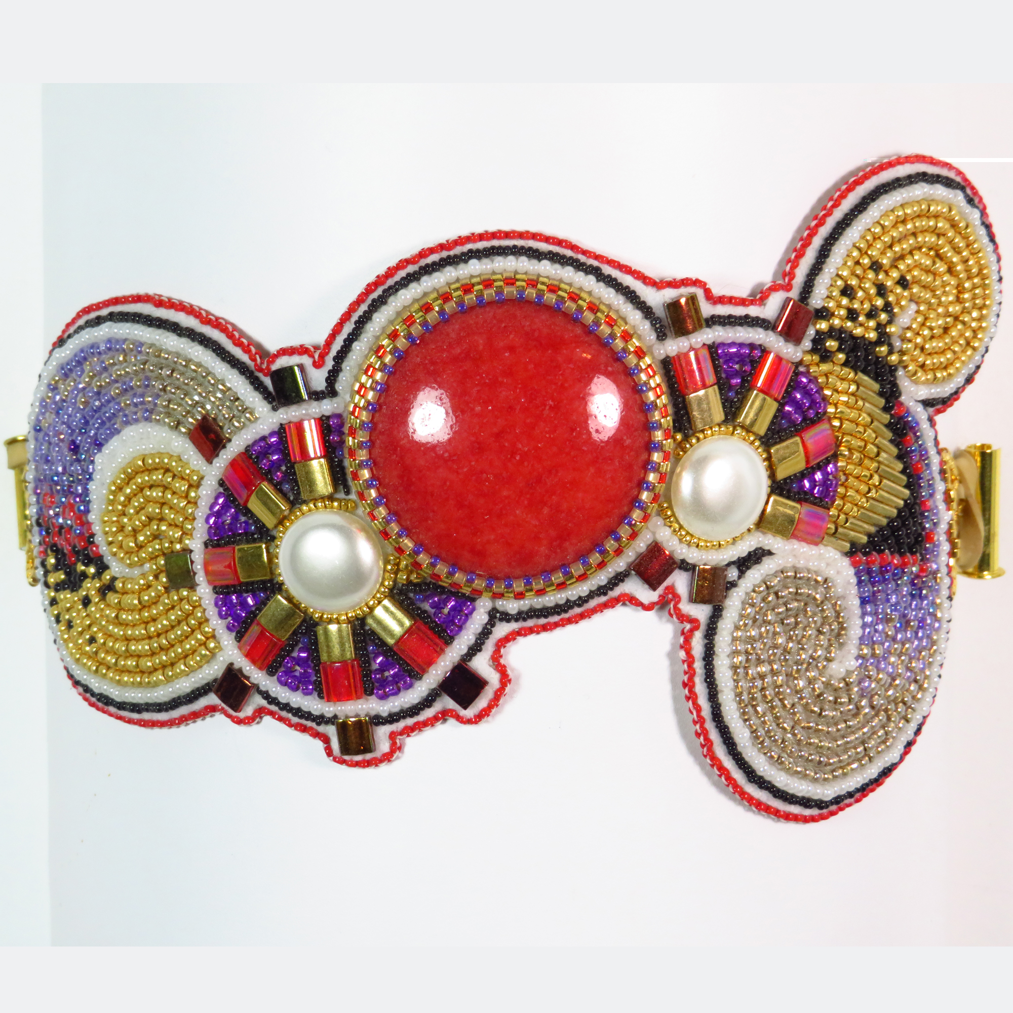 Red gold black purple spirals bead embroidered bracelet by Bonnie Van Hall