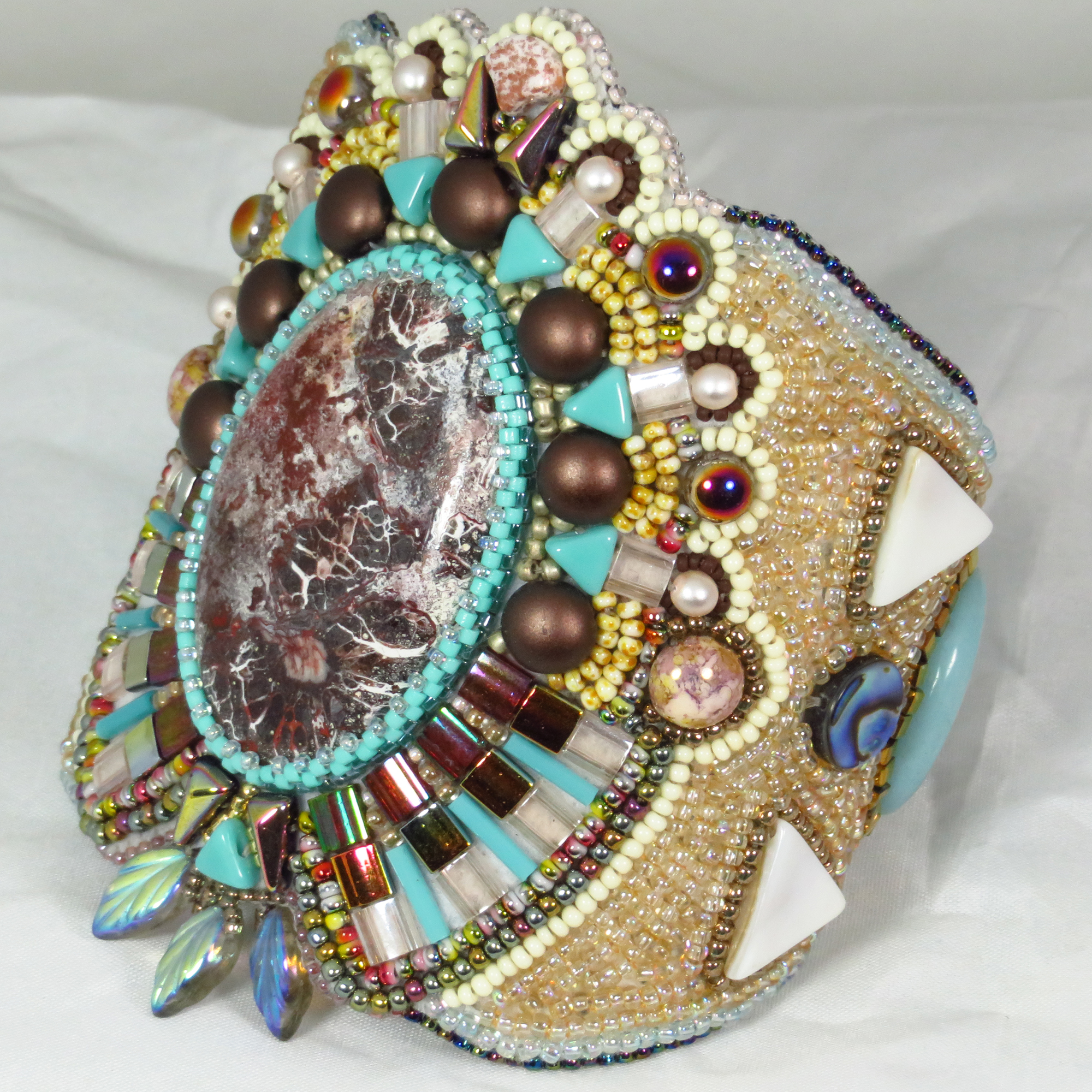 Agate, abalone and mother of pearl bead embroidered cuff bracelet by Bonnie Van Hall