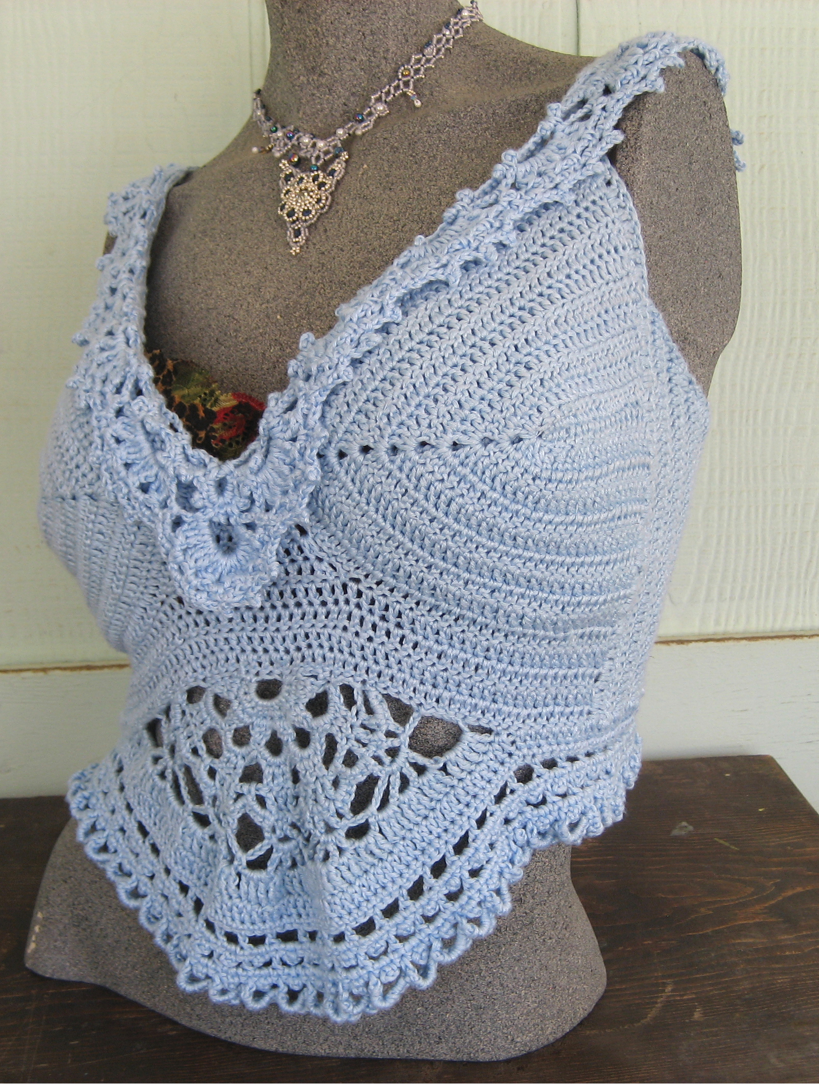 Hand crocheted ice blue snowflake halter top by Bonnie Van Hall