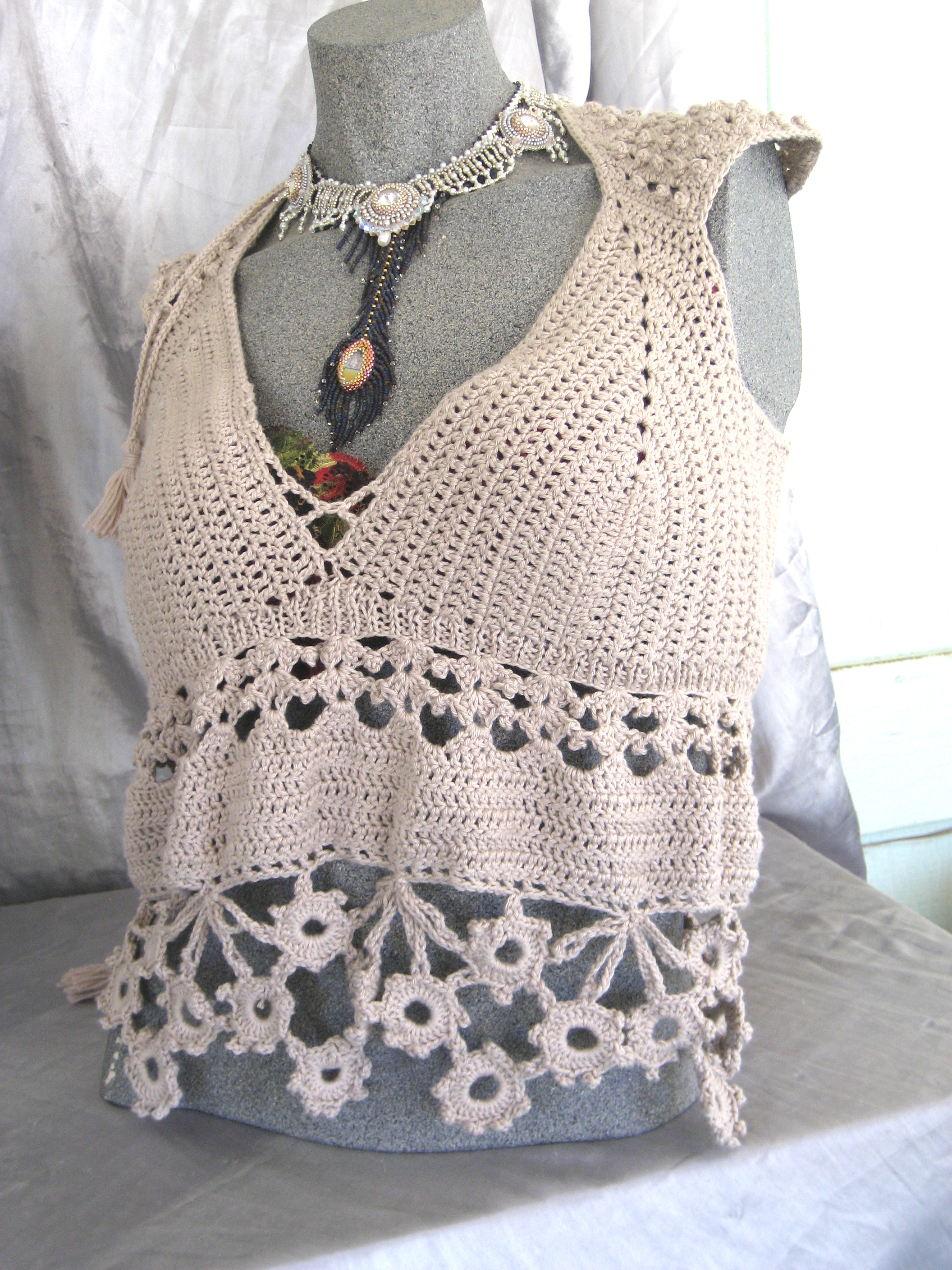 Hand crocheted saree style halter top by Bonnie Van Hall