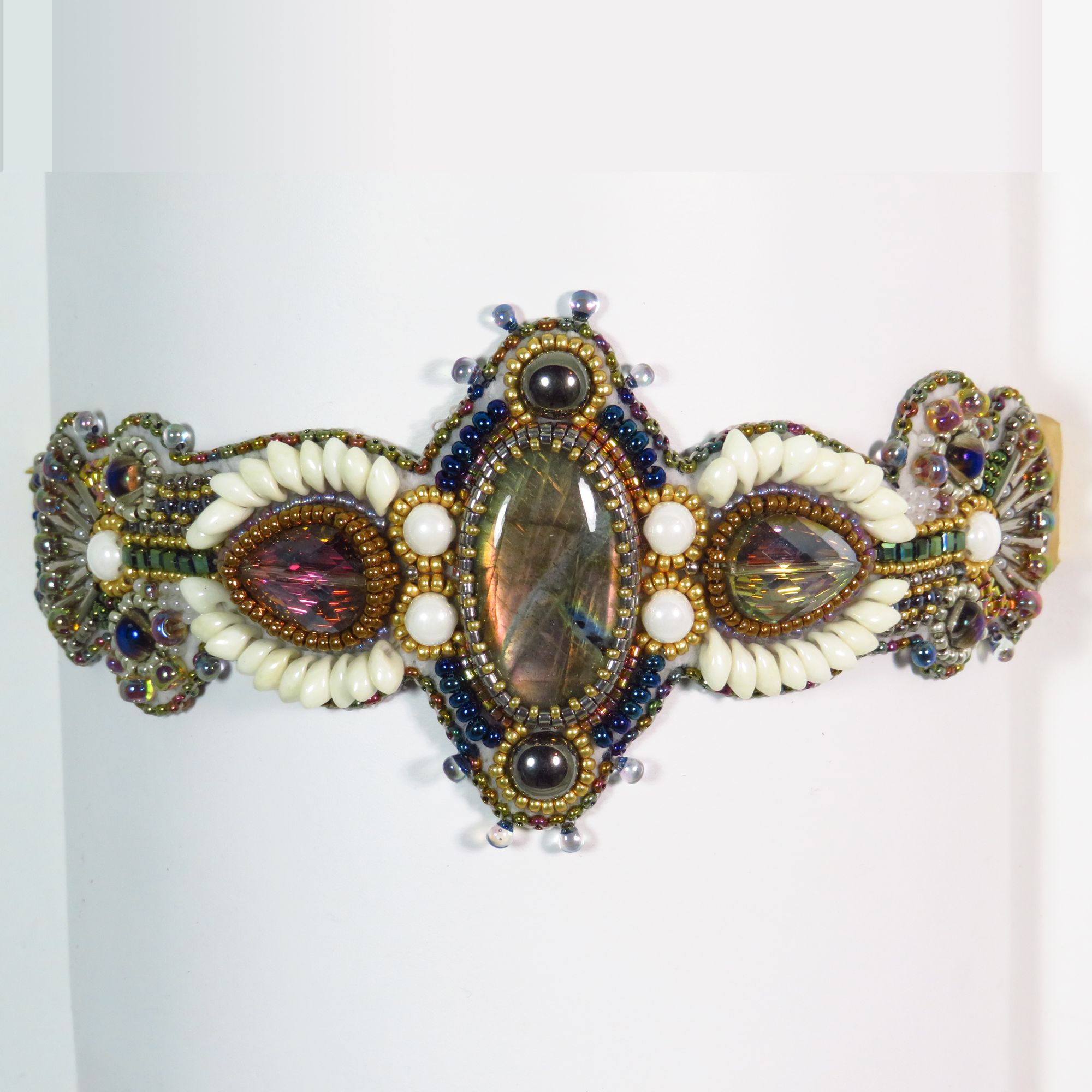 Labradorite feathered bead embroidered bracelet by Bonnie Van Hall