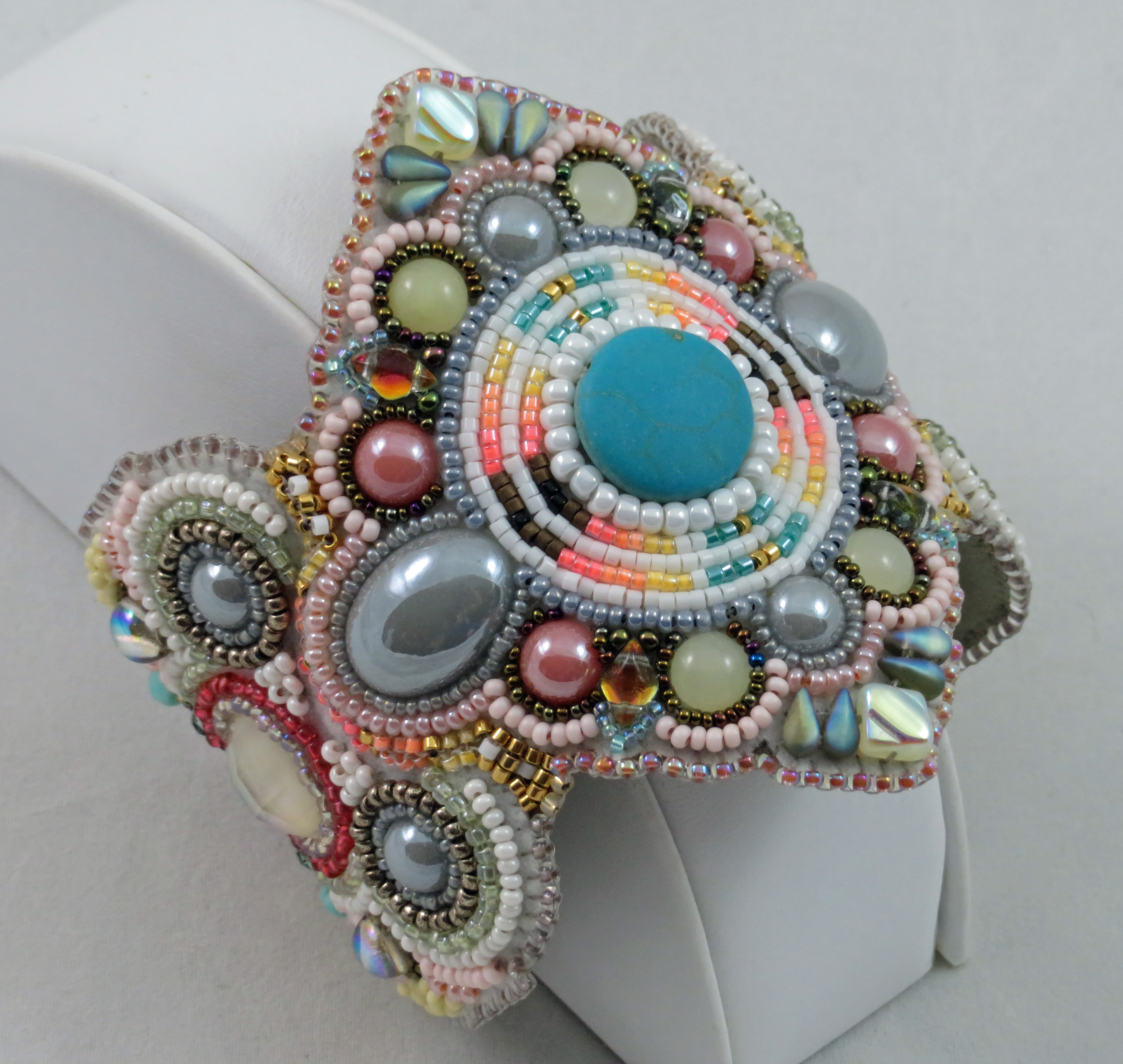 Pale colors bead embroidery artisan cuff bracelet by Bonnie Van Hall
