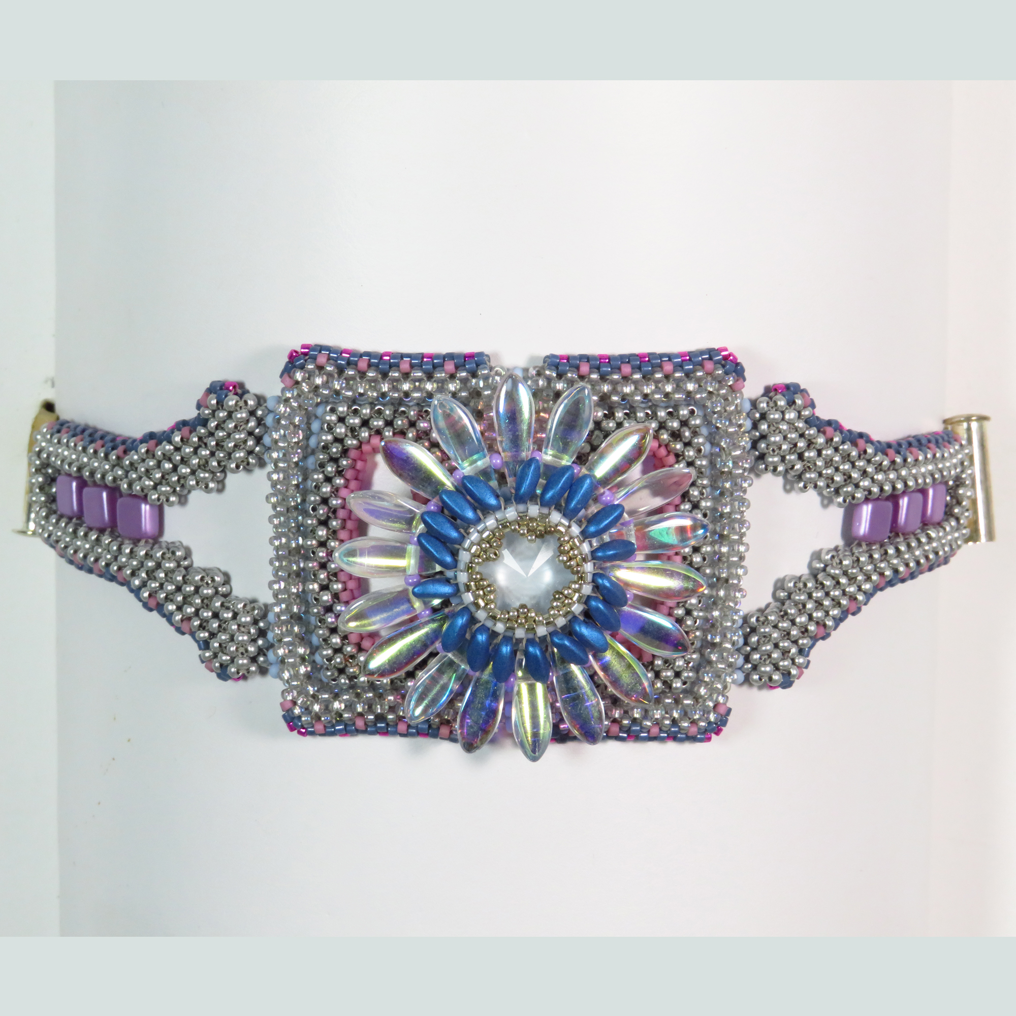 Geometric silver flower beaded cuff bracelet by Bonnie Van Hall