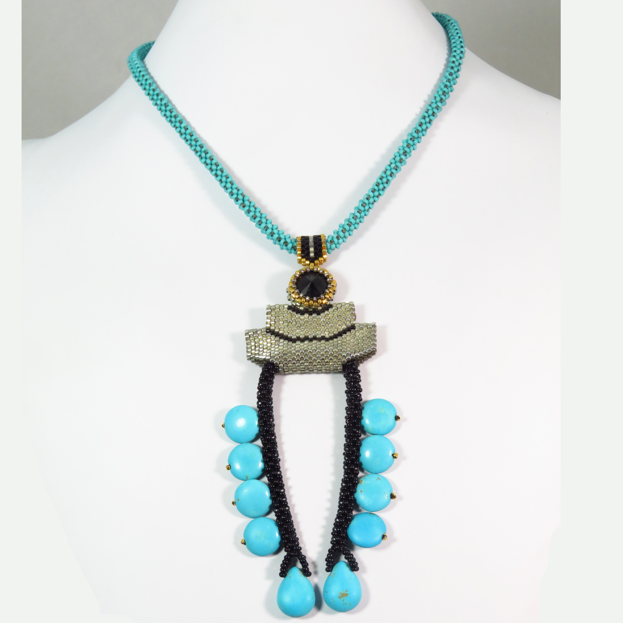 Southwestern Art Deco Squash Blossom Beaded artisan beaded necklace by Bonnie Van Hall